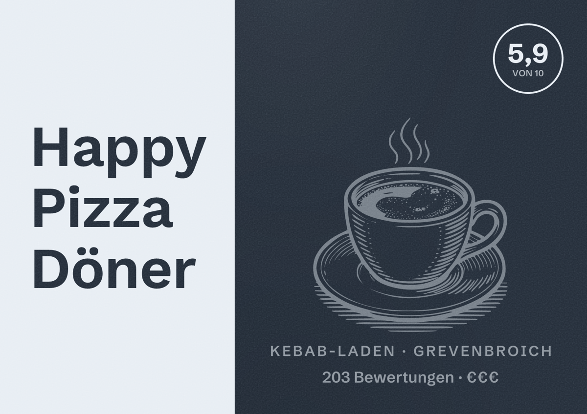 Illustriertes Poster von Happy Pizza Döner, Kebab-Laden in Grevenbroich: Bewertung 5,9 von 10 aus 203 Bewertungen, Preisniveau €€€