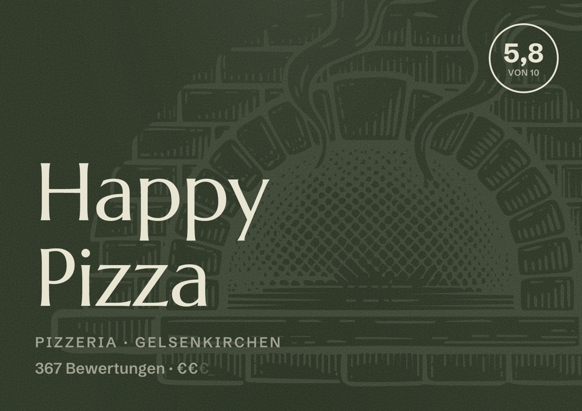 Illustriertes Poster von Happy Pizza, Pizzeria in Gelsenkirchen: Bewertung 5,8 von 10 aus 367 Bewertungen, Preisniveau €€