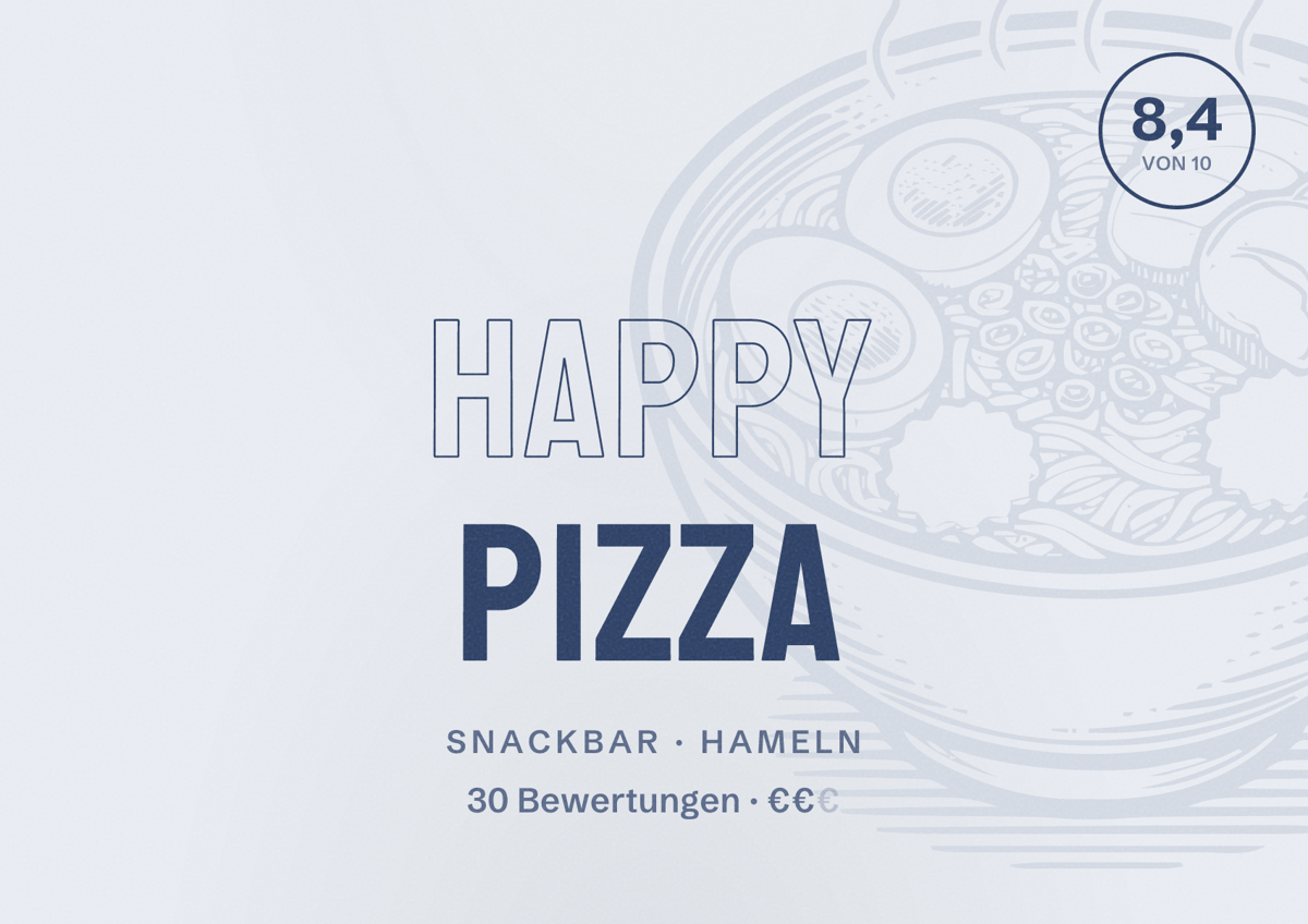 Illustriertes Poster von Happy Pizza, Snackbar in Hameln: Bewertung 8,4 von 10 aus 30 Bewertungen, Preisniveau €€