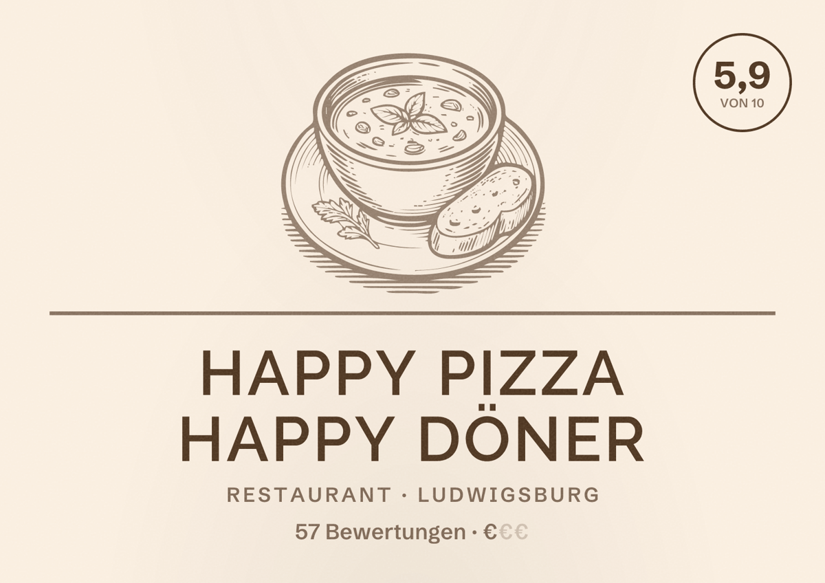 Illustriertes Poster von Happy Pizza Happy Döner, Restaurant in Ludwigsburg: Bewertung 5,9 von 10 aus 57 Bewertungen, Preisniveau €