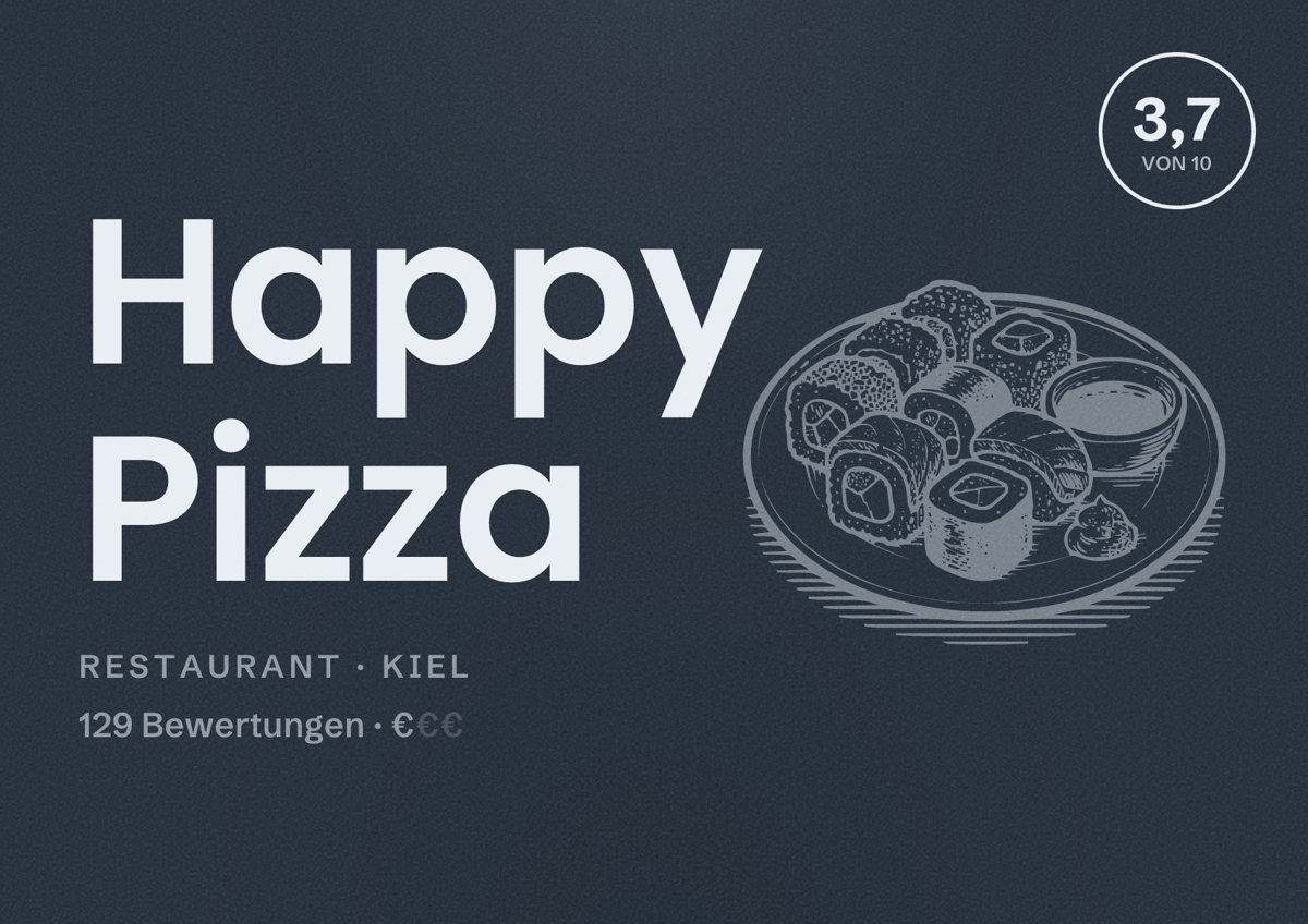 Illustriertes Poster von Happy Pizza, Restaurant in Kiel: Bewertung 3,7 von 10 aus 129 Bewertungen, Preisniveau €
