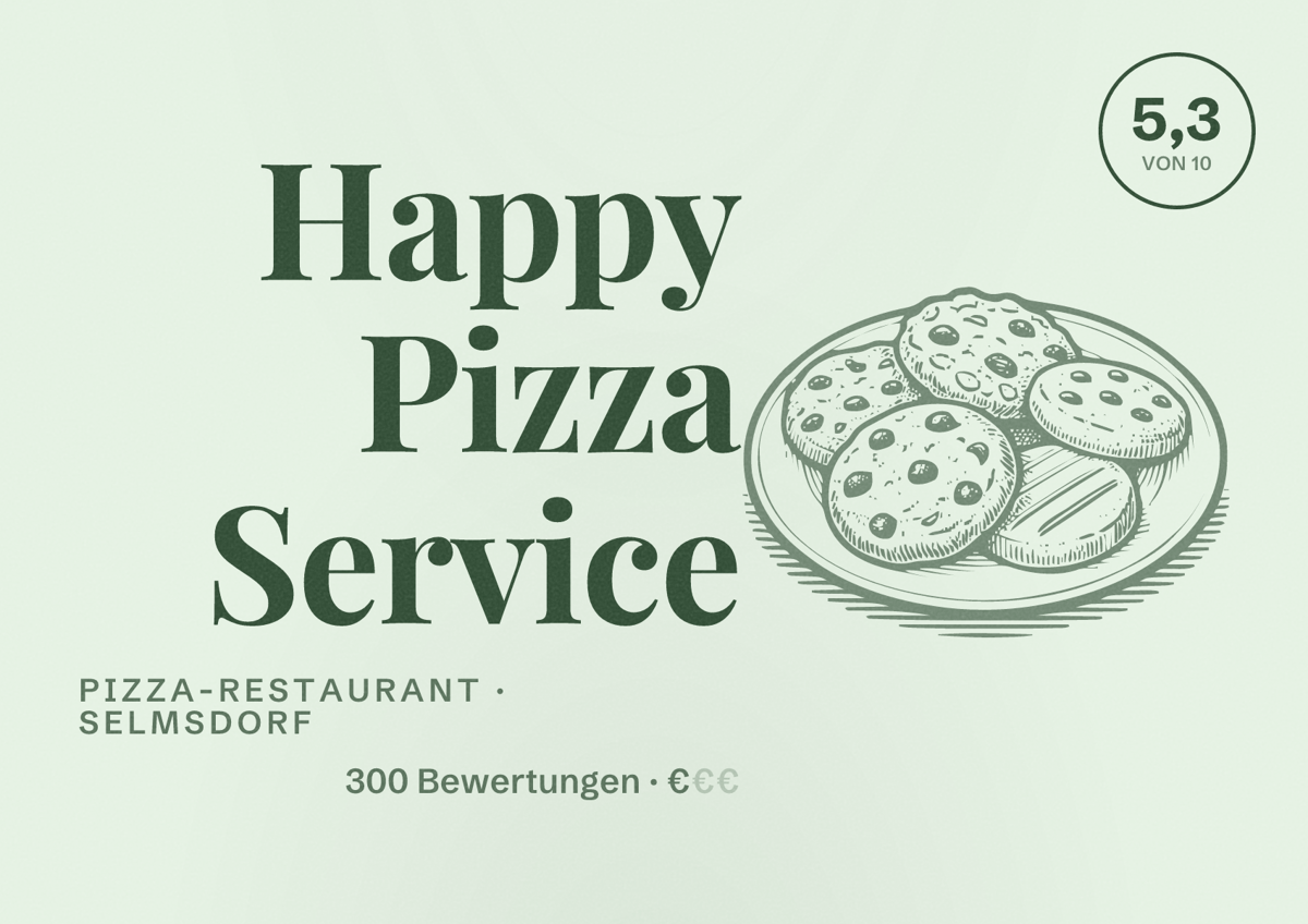 Illustriertes Poster von Happy Pizza Service, Pizza-Restaurant in Selmsdorf: Bewertung 5,3 von 10 aus 300 Bewertungen, Preisniveau €