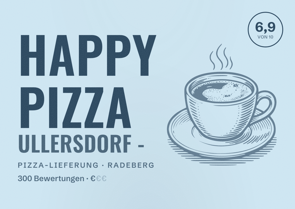 Illustriertes Poster von Happy Pizza Ullersdorf -, Pizza-Lieferung in Radeberg: Bewertung 6,9 von 10 aus 300 Bewertungen, Preisniveau €