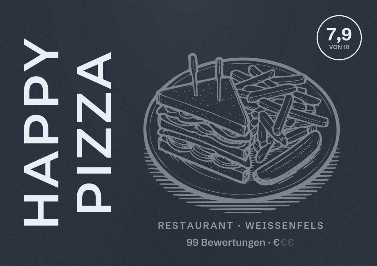 Illustriertes Poster von Happy Pizza, Restaurant in Weißenfels: Bewertung 7,9 von 10 aus 99 Bewertungen, Preisniveau €