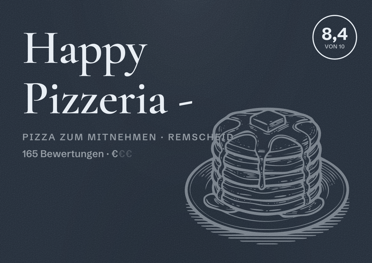 Illustriertes Poster von Happy Pizzeria -, Pizza zum Mitnehmen in Remscheid: Bewertung 8,4 von 10 aus 165 Bewertungen, Preisniveau €