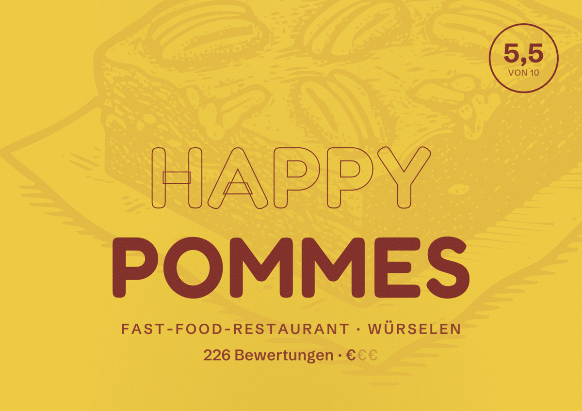 Illustriertes Poster von Happy Pommes, Fast-Food-Restaurant in Würselen: Bewertung 5,5 von 10 aus 226 Bewertungen, Preisniveau €
