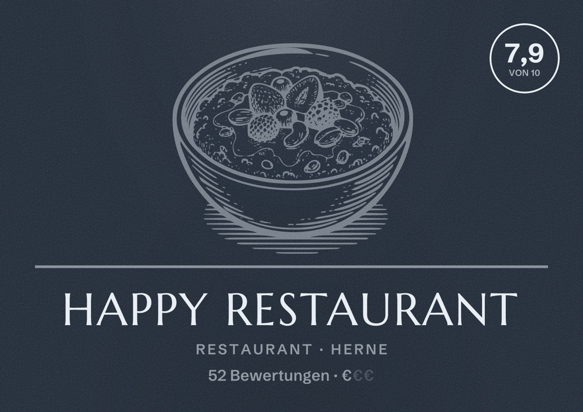 Illustriertes Poster von Happy Restaurant, Restaurant in Herne: Bewertung 7,9 von 10 aus 52 Bewertungen, Preisniveau €