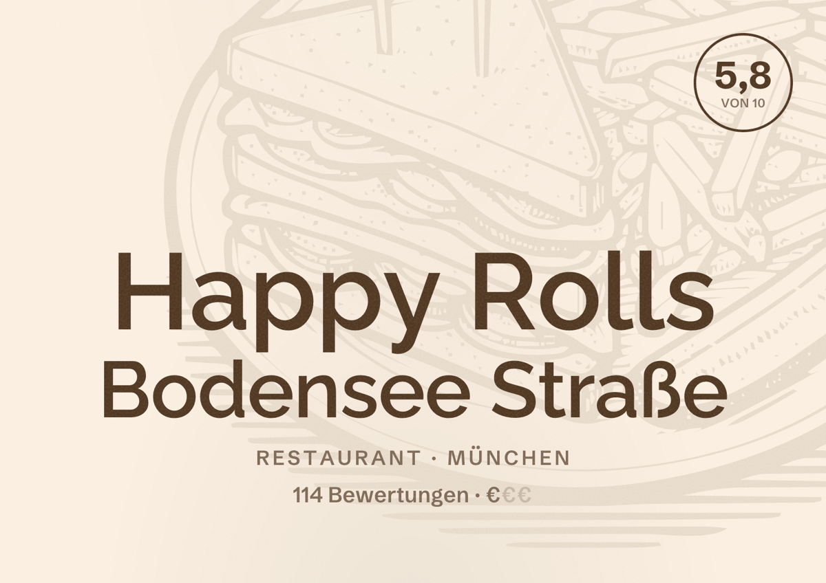 Illustriertes Poster von Happy Rolls Bodensee Straße, Restaurant in München: Bewertung 5,8 von 10 aus 114 Bewertungen, Preisniveau €