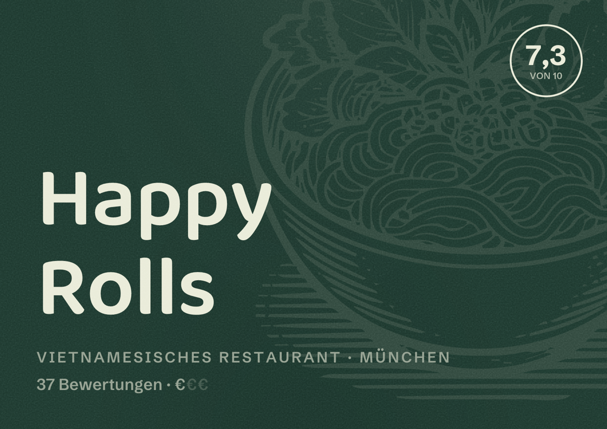 Illustriertes Poster von Happy Rolls, Vietnamesisches Restaurant in München: Bewertung 7,3 von 10 aus 37 Bewertungen, Preisniveau €