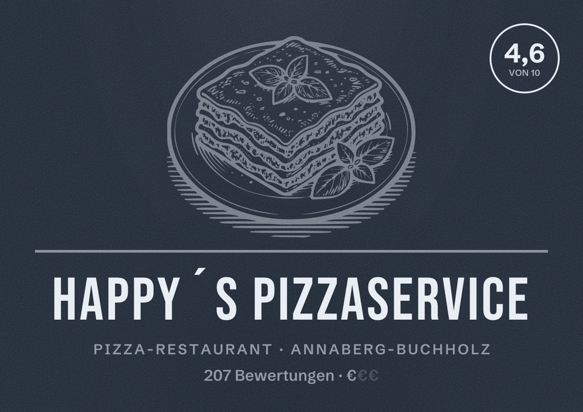 Illustriertes Poster von Happy´s Pizzaservice, Pizza-Restaurant in Annaberg-Buchholz: Bewertung 4,6 von 10 aus 207 Bewertungen, Preisniveau €