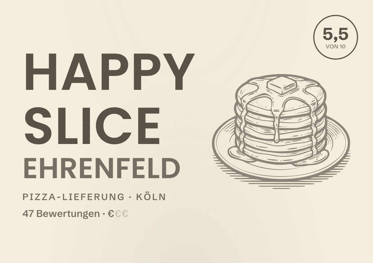Illustriertes Poster von Happy Slice Ehrenfeld, Pizza-Lieferung in Köln: Bewertung 5,5 von 10 aus 47 Bewertungen, Preisniveau €