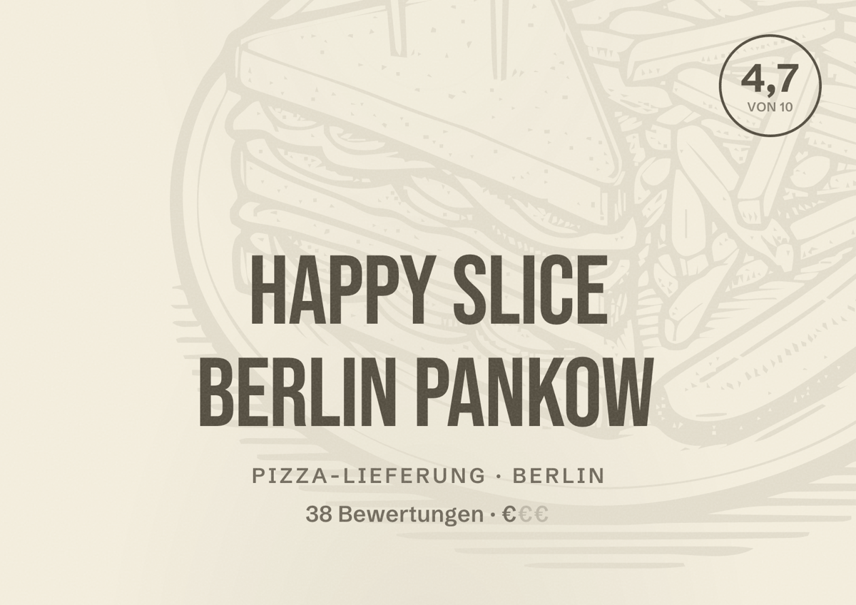 Illustriertes Poster von Happy Slice Berlin Pankow, Pizza-Lieferung in Berlin: Bewertung 4,7 von 10 aus 38 Bewertungen, Preisniveau €