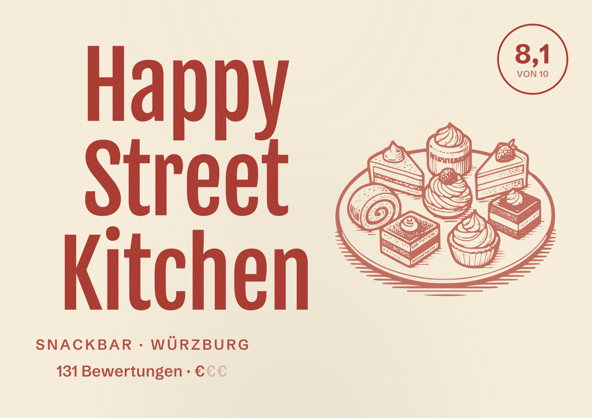 Illustriertes Poster von Happy Street Kitchen, Snackbar in Würzburg: Bewertung 8,1 von 10 aus 131 Bewertungen, Preisniveau €