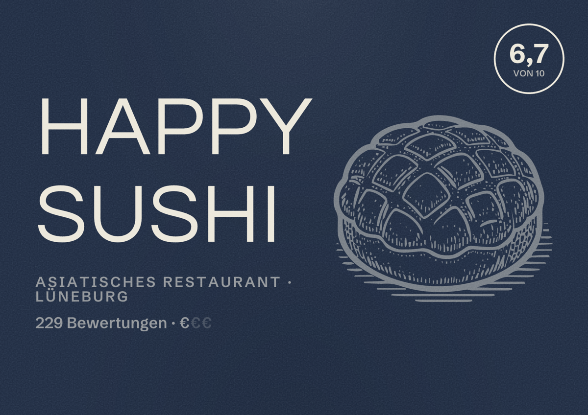 Illustriertes Poster von Happy Sushi, Asiatisches Restaurant in Lüneburg: Bewertung 6,7 von 10 aus 229 Bewertungen, Preisniveau €