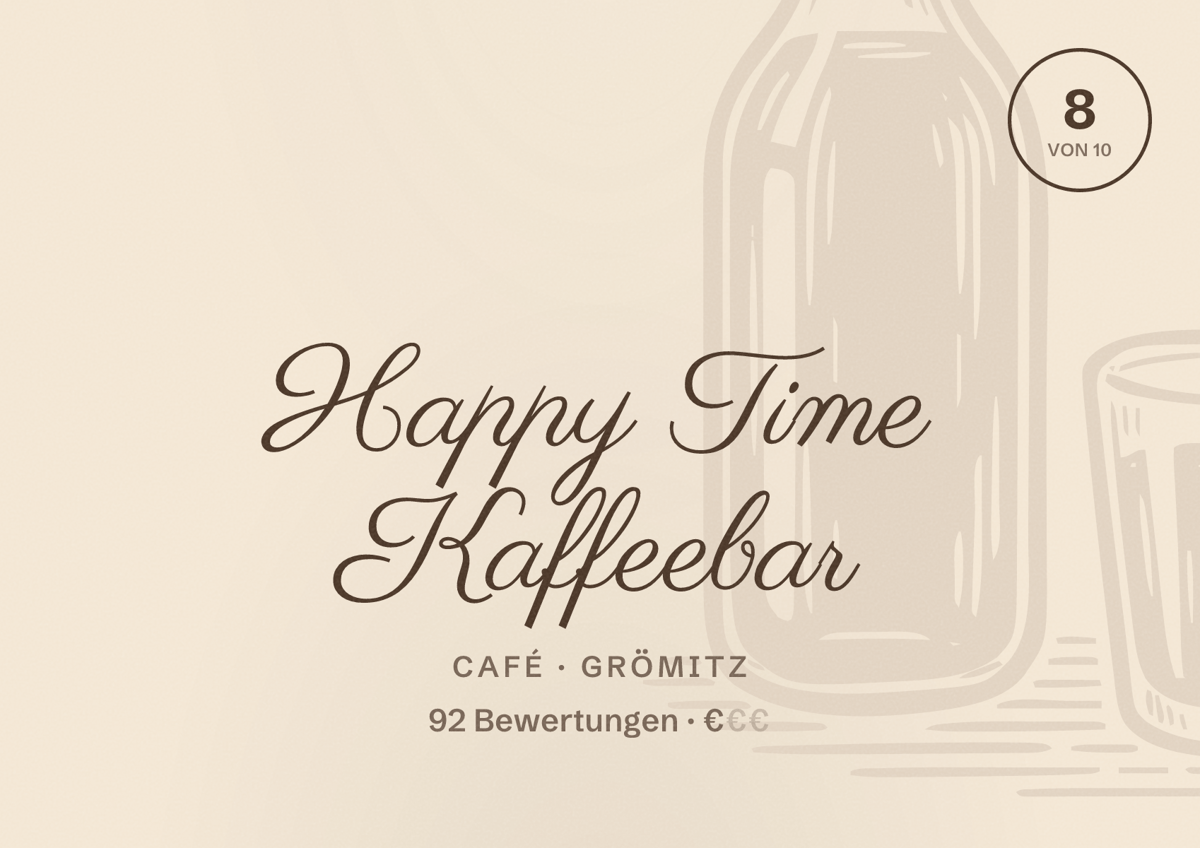 Illustriertes Poster von Happy Time Kaffeebar, Café in Grömitz: Bewertung 8 von 10 aus 92 Bewertungen, Preisniveau €