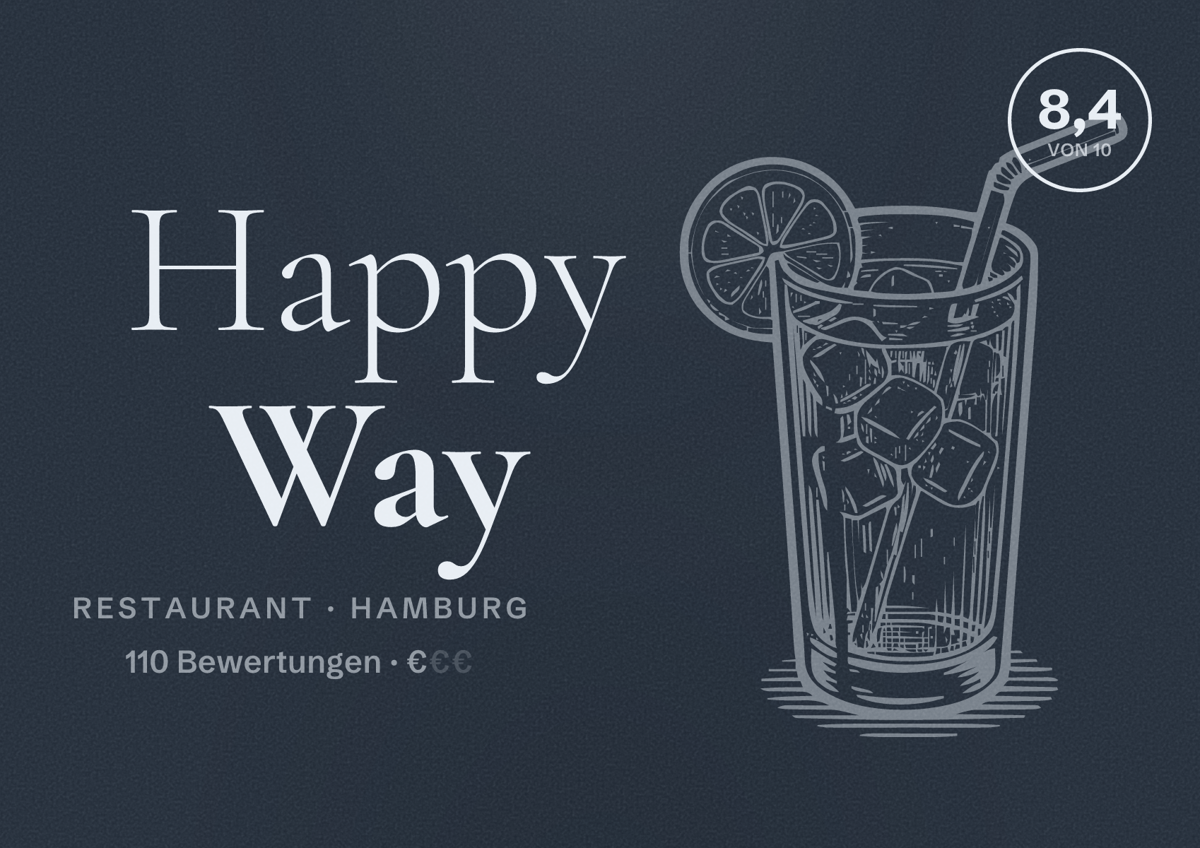 Illustriertes Poster von Happy Way, Restaurant in Hamburg: Bewertung 8,4 von 10 aus 110 Bewertungen, Preisniveau €