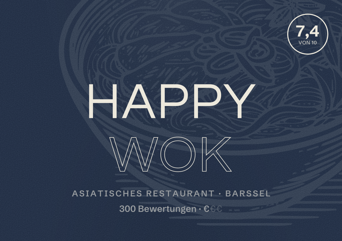 Illustriertes Poster von Happy Wok, Asiatisches Restaurant in Barßel: Bewertung 7,4 von 10 aus 300 Bewertungen, Preisniveau €