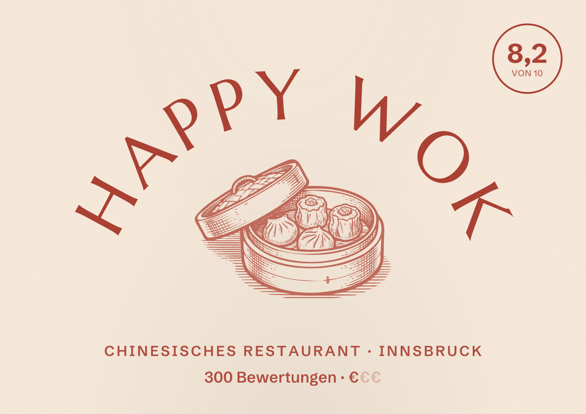 Illustriertes Poster von Happy Wok, Chinesisches Restaurant in Innsbruck: Bewertung 8,2 von 10 aus 300 Bewertungen, Preisniveau €