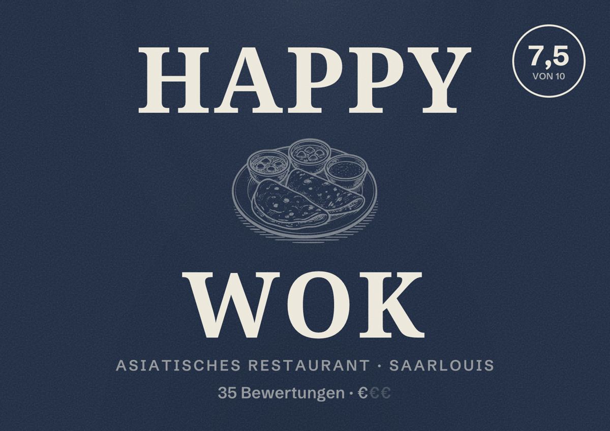 Illustriertes Poster von Happy Wok, Asiatisches Restaurant in Saarlouis: Bewertung 7,5 von 10 aus 35 Bewertungen, Preisniveau €