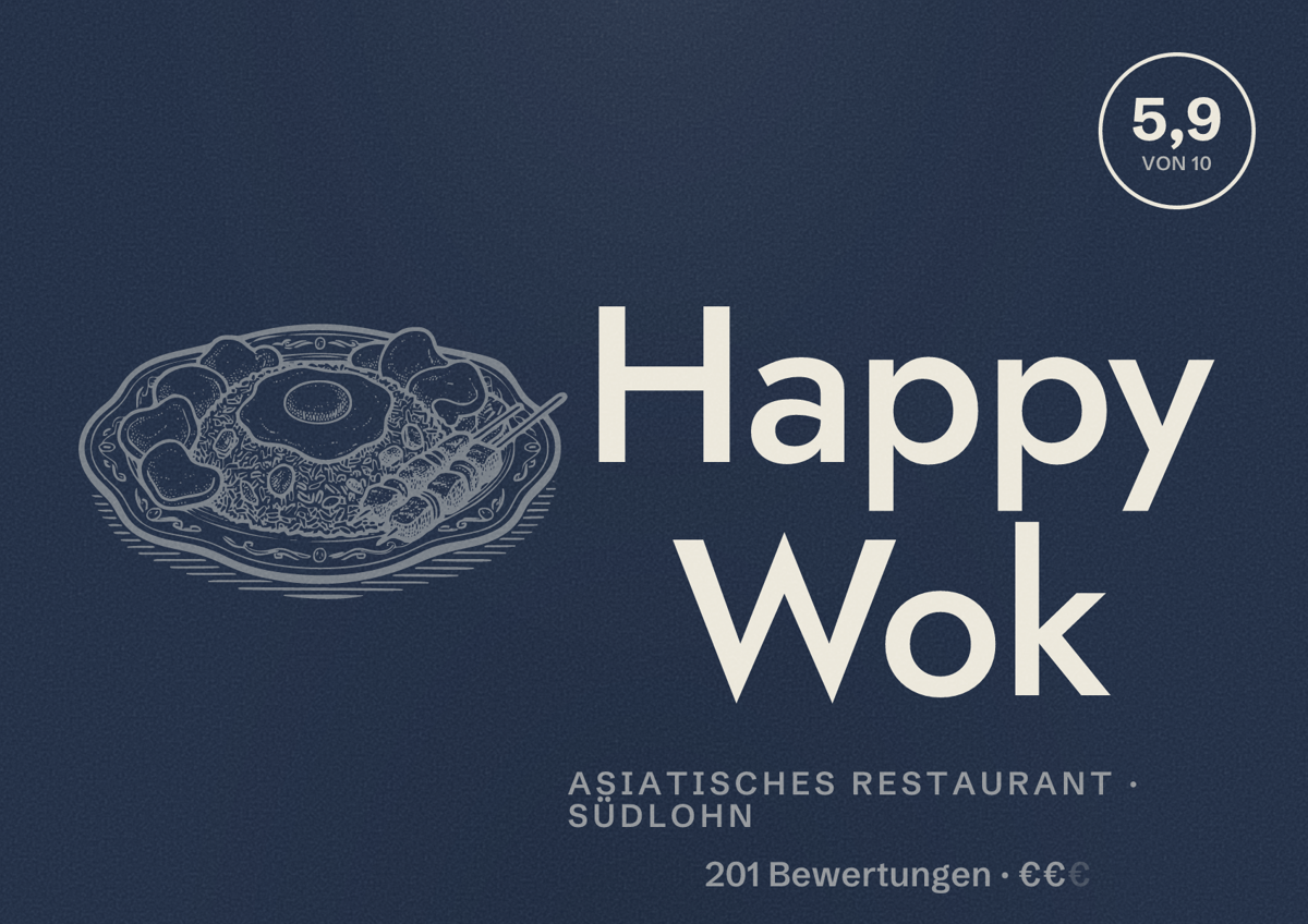 Illustriertes Poster von Happy Wok, Asiatisches Restaurant in Südlohn: Gästebewertung 5,9 von 10 aus 201 Bewertungen
