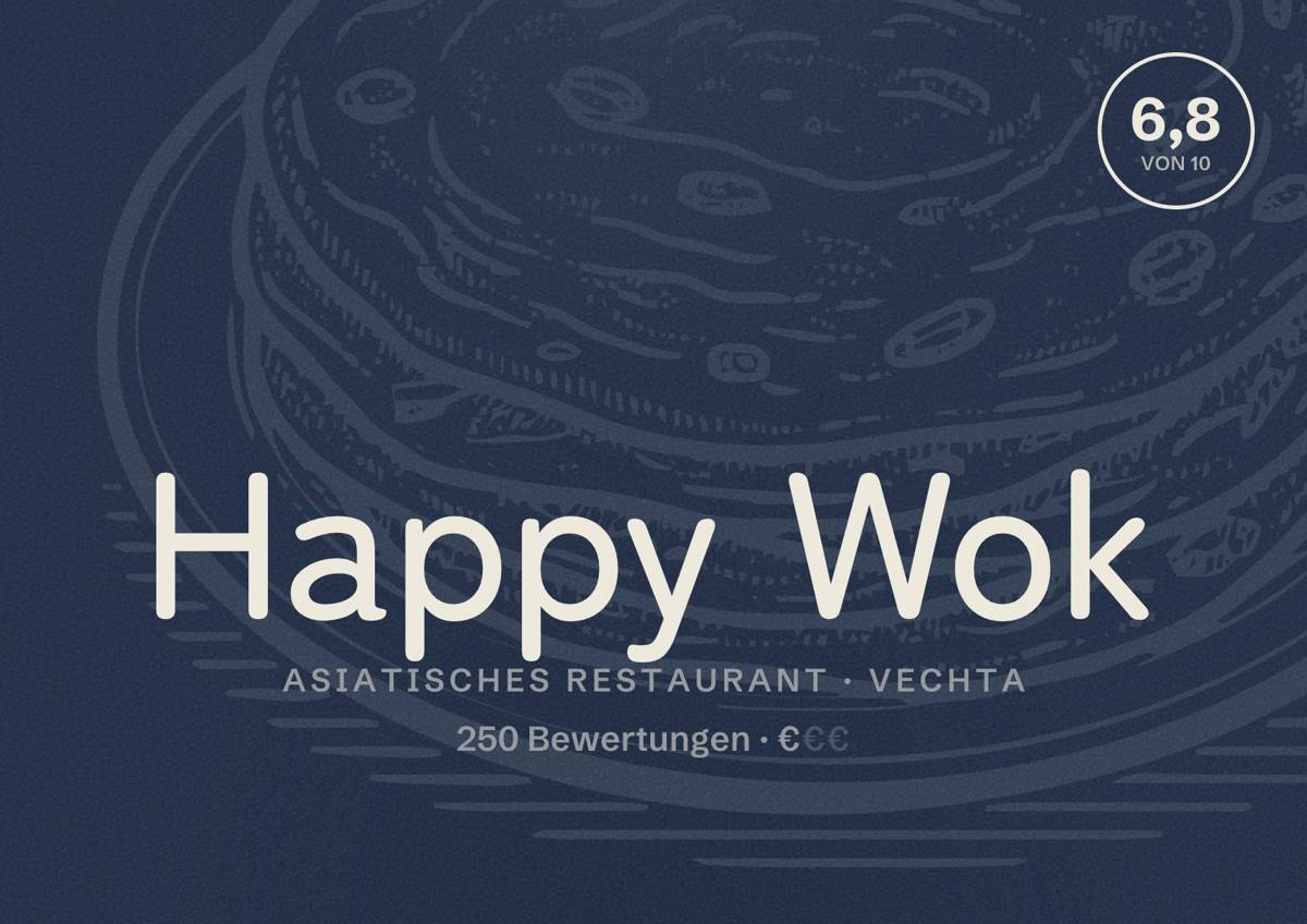 Illustriertes Poster von Happy Wok, Asiatisches Restaurant in Vechta: Bewertung 6,8 von 10 aus 250 Bewertungen, Preisniveau €
