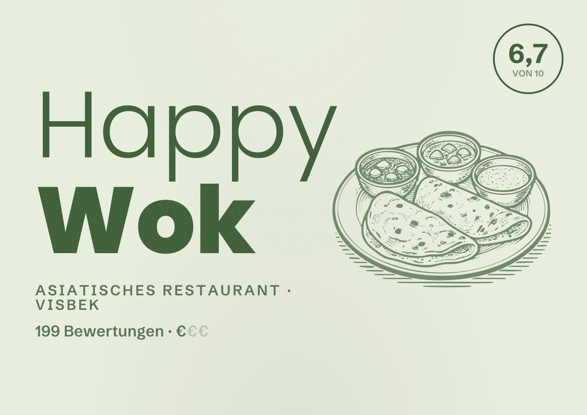 Illustriertes Poster von Happy Wok, Asiatisches Restaurant in Visbek: Bewertung 6,7 von 10 aus 199 Bewertungen, Preisniveau €
