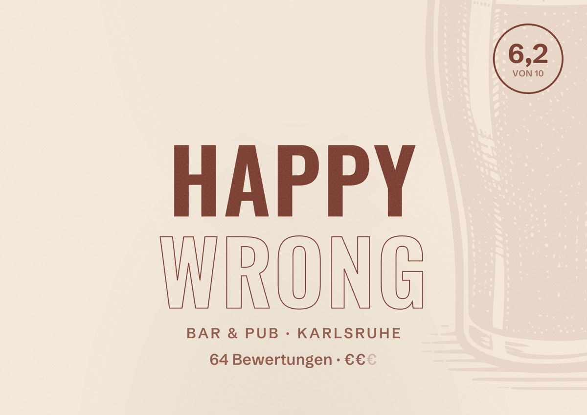 Illustriertes Poster von Happy Wrong, Bar & Pub in Karlsruhe: Bewertung 6,2 von 10 aus 64 Bewertungen, Preisniveau €€