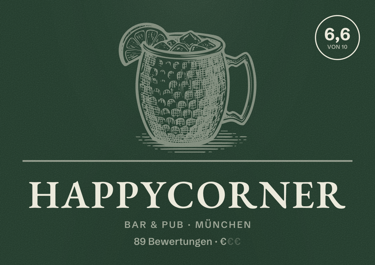 Illustriertes Poster von HappyCorner, Bar & Pub in München: Bewertung 6,6 von 10 aus 89 Bewertungen, Preisniveau €