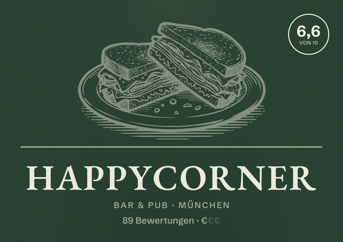 Illustriertes Poster von HappyCorner, Bar & Pub in München: Bewertung 6,6 von 10 aus 89 Bewertungen, Preisniveau €