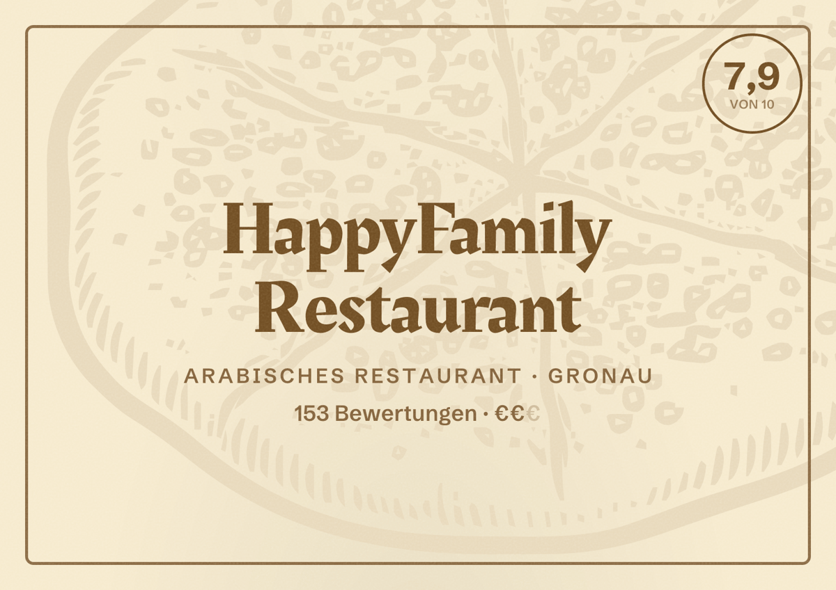 Illustriertes Poster von HappyFamily Restaurant, Arabisches Restaurant in Gronau: Bewertung 7,9 von 10 aus 153 Bewertungen, Preisniveau €€