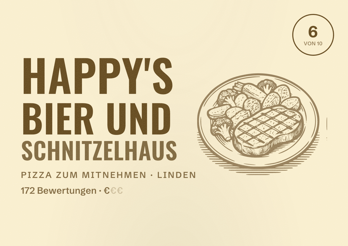 Illustriertes Poster von Happy's Bier und Schnitzelhaus, Pizza zum Mitnehmen in Linden: Bewertung 6 von 10 aus 172 Bewertungen, Preisniveau €