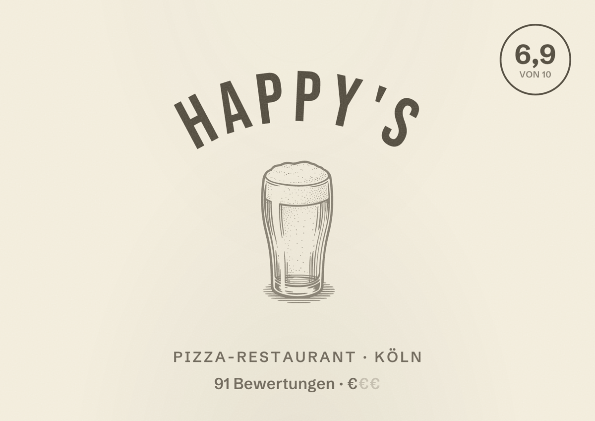 Illustriertes Poster von HAPPY'S, Pizza-Restaurant in Köln: Bewertung 6,9 von 10 aus 91 Bewertungen, Preisniveau €