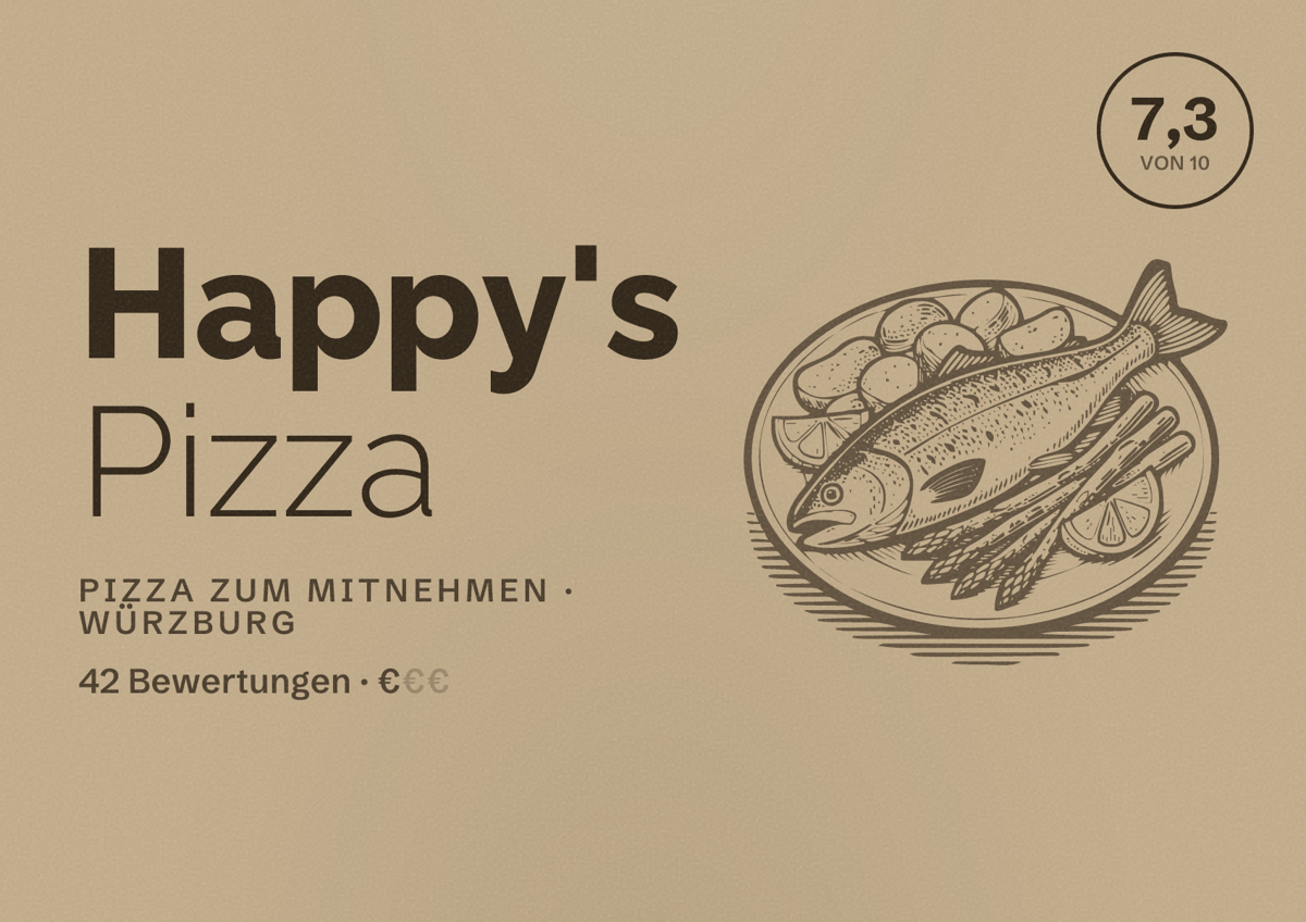 Illustriertes Poster von Happy's Pizza, Pizza zum Mitnehmen in Würzburg: Bewertung 7,3 von 10 aus 42 Bewertungen, Preisniveau €