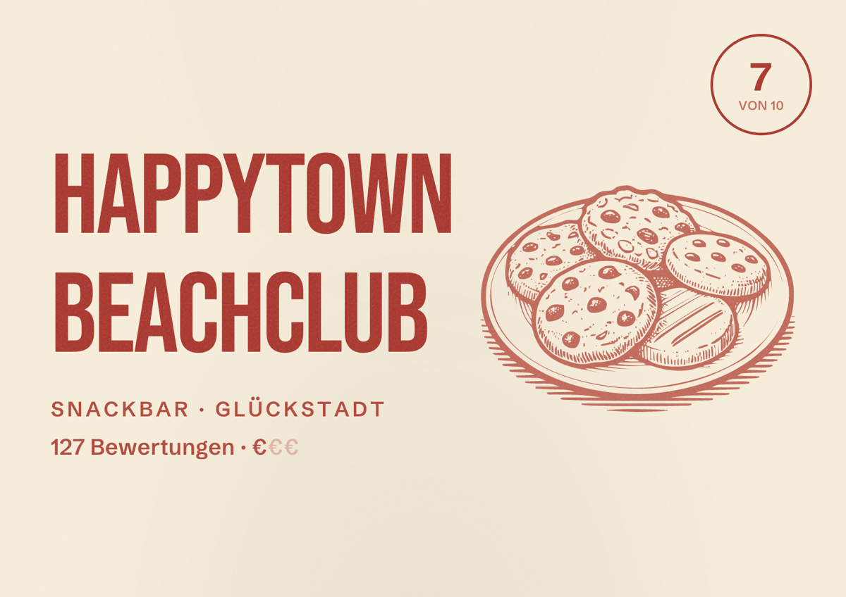 Illustriertes Poster von Happytown Beachclub, Snackbar in Glückstadt: Bewertung 7 von 10 aus 127 Bewertungen, Preisniveau €
