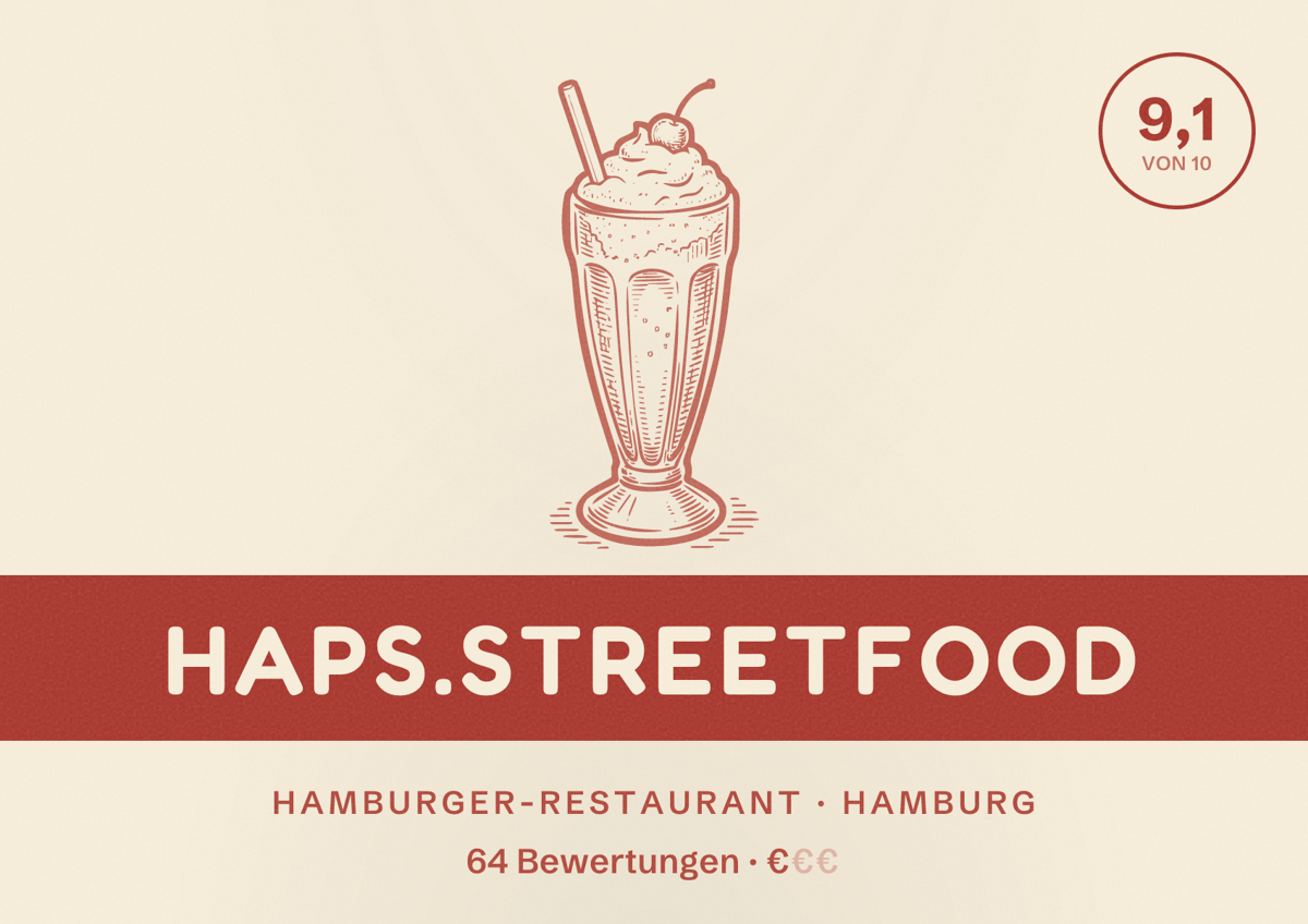 Illustriertes Poster von Haps.Streetfood, Hamburger-Restaurant in Hamburg: Bewertung 9,1 von 10 aus 64 Bewertungen, Preisniveau €