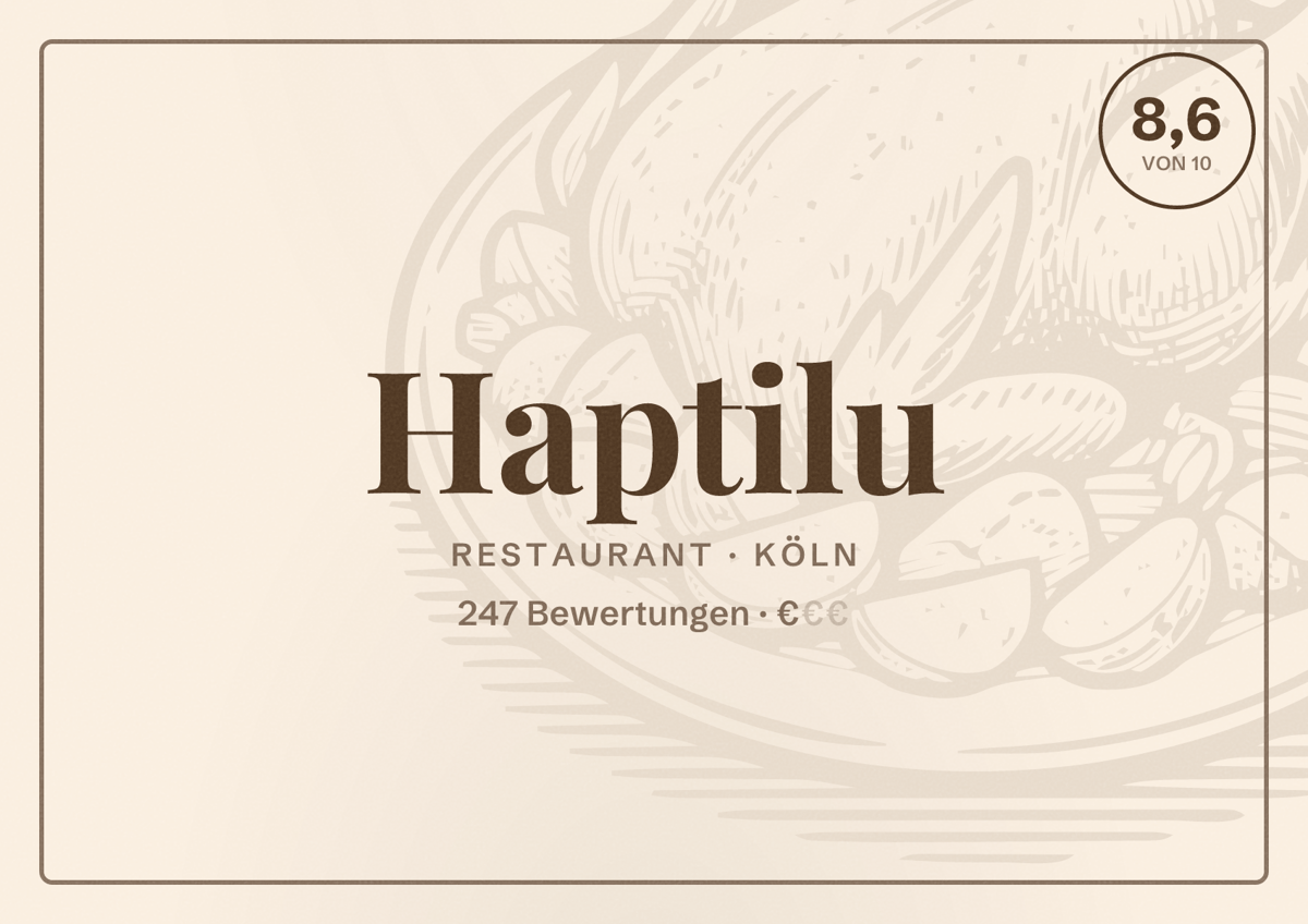 Illustriertes Poster von Haptilu, Restaurant in Köln: Bewertung 8,6 von 10 aus 247 Bewertungen, Preisniveau €