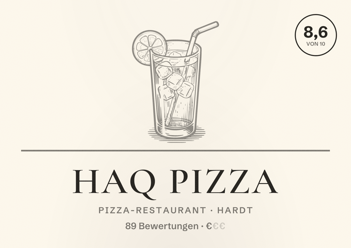 Illustriertes Poster von HAQ PIZZA, Pizza-Restaurant in Hardt: Bewertung 8,6 von 10 aus 89 Bewertungen, Preisniveau €