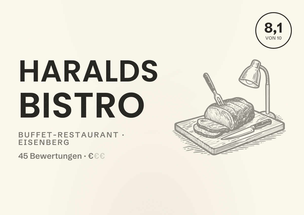 Illustriertes Poster von Haralds Bistro, Buffet-Restaurant in Eisenberg: Bewertung 8,1 von 10 aus 45 Bewertungen, Preisniveau €
