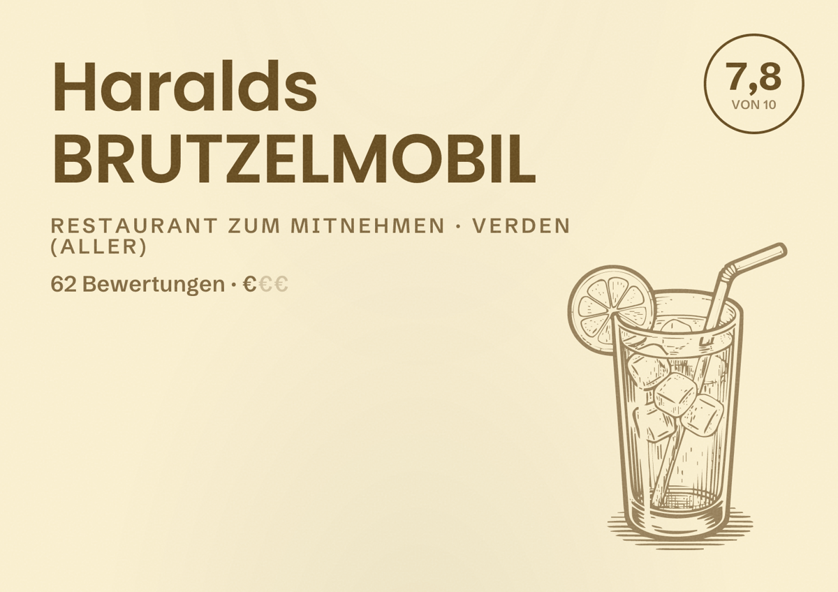 Illustriertes Poster von Haralds BRUTZELMOBIL, Restaurant zum Mitnehmen in Verden (Aller): Bewertung 7,8 von 10 aus 62 Bewertungen, Preisniveau €