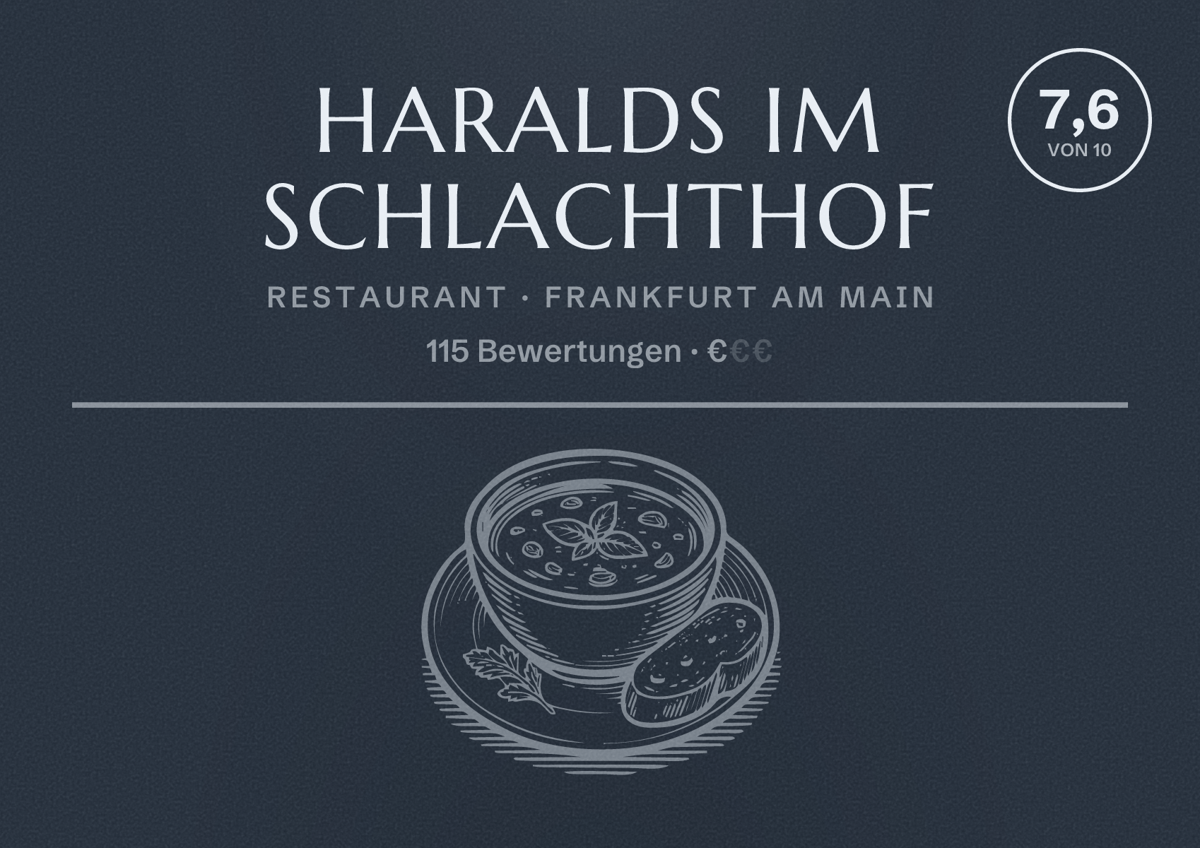Illustriertes Poster von Haralds im Schlachthof, Restaurant in Frankfurt am Main: Bewertung 7,6 von 10 aus 115 Bewertungen, Preisniveau €
