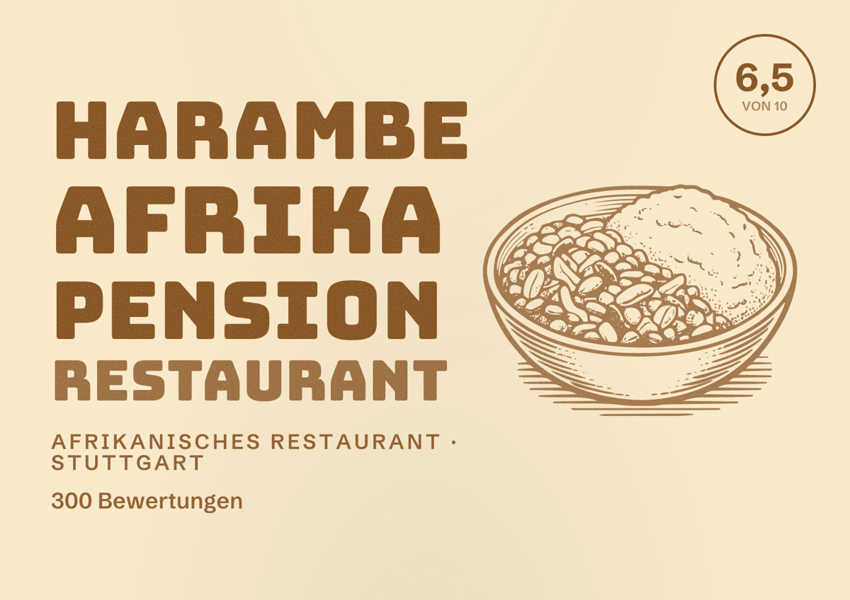 Illustriertes Poster von Harambe Afrika Pension Restaurant, Afrikanisches Restaurant in Stuttgart: Bewertung 6,5 von 10 aus 300 Bewertungen