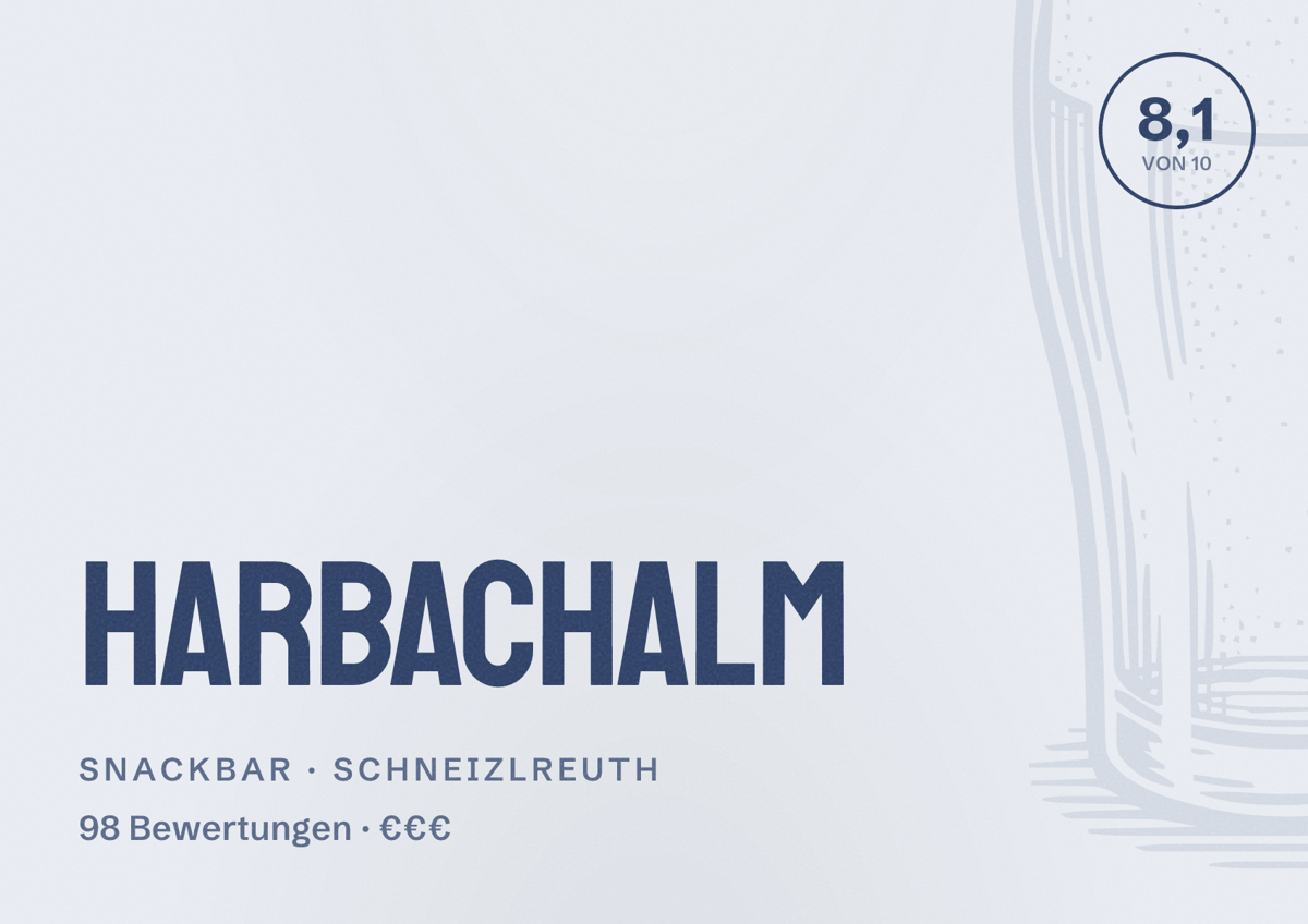 Illustriertes Poster von Harbachalm, Snackbar in Schneizlreuth: Bewertung 8,1 von 10 aus 98 Bewertungen, Preisniveau €€€