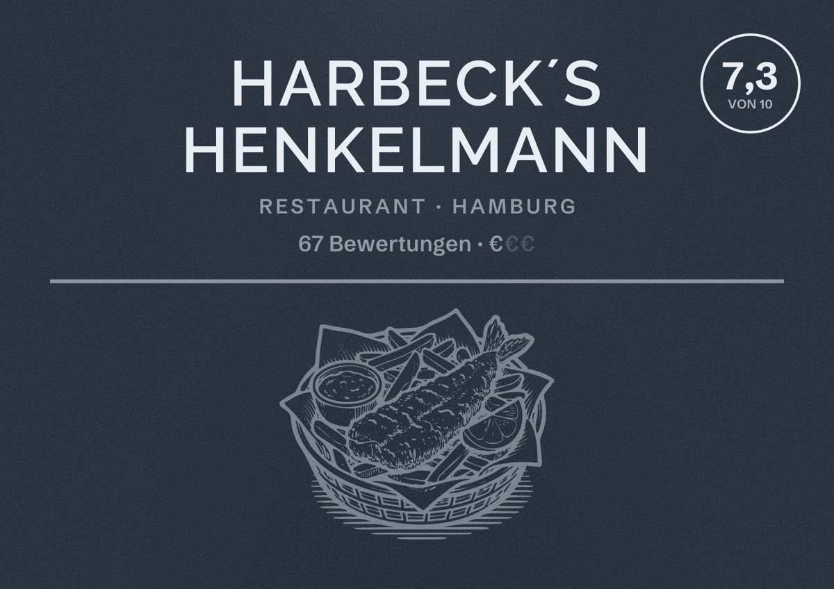 Illustriertes Poster von Harbeck´s Henkelmann, Restaurant in Hamburg: Bewertung 7,3 von 10 aus 67 Bewertungen, Preisniveau €