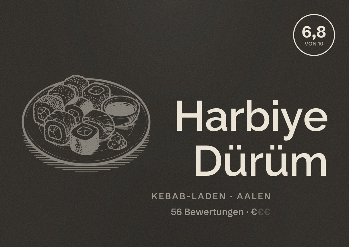 Illustriertes Poster von Harbiye Dürüm, Kebab-Laden in Aalen: Bewertung 6,8 von 10 aus 56 Bewertungen, Preisniveau €