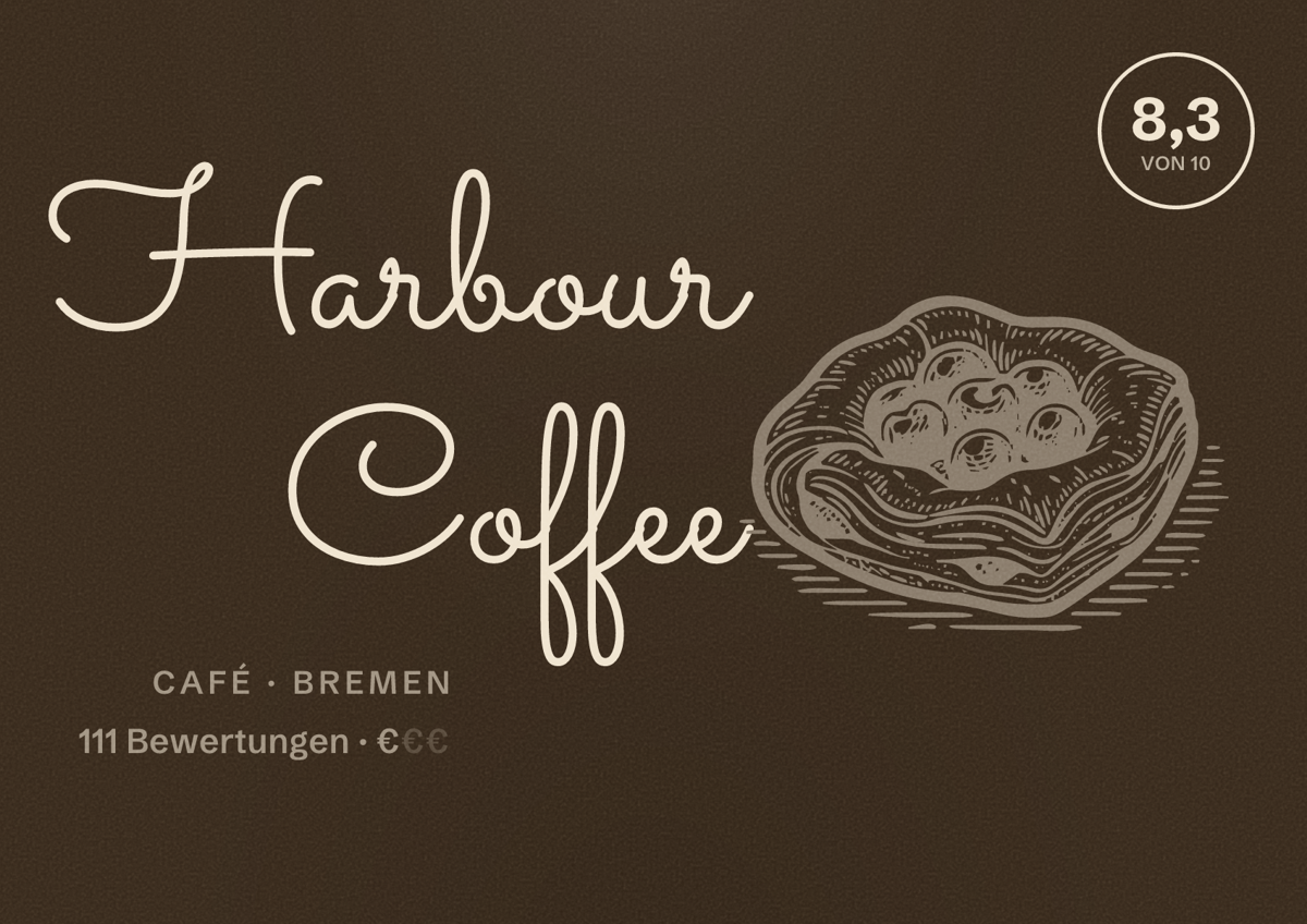 Illustriertes Poster von Harbour Coffee, Café in Bremen: Bewertung 8,3 von 10 aus 111 Bewertungen, Preisniveau €