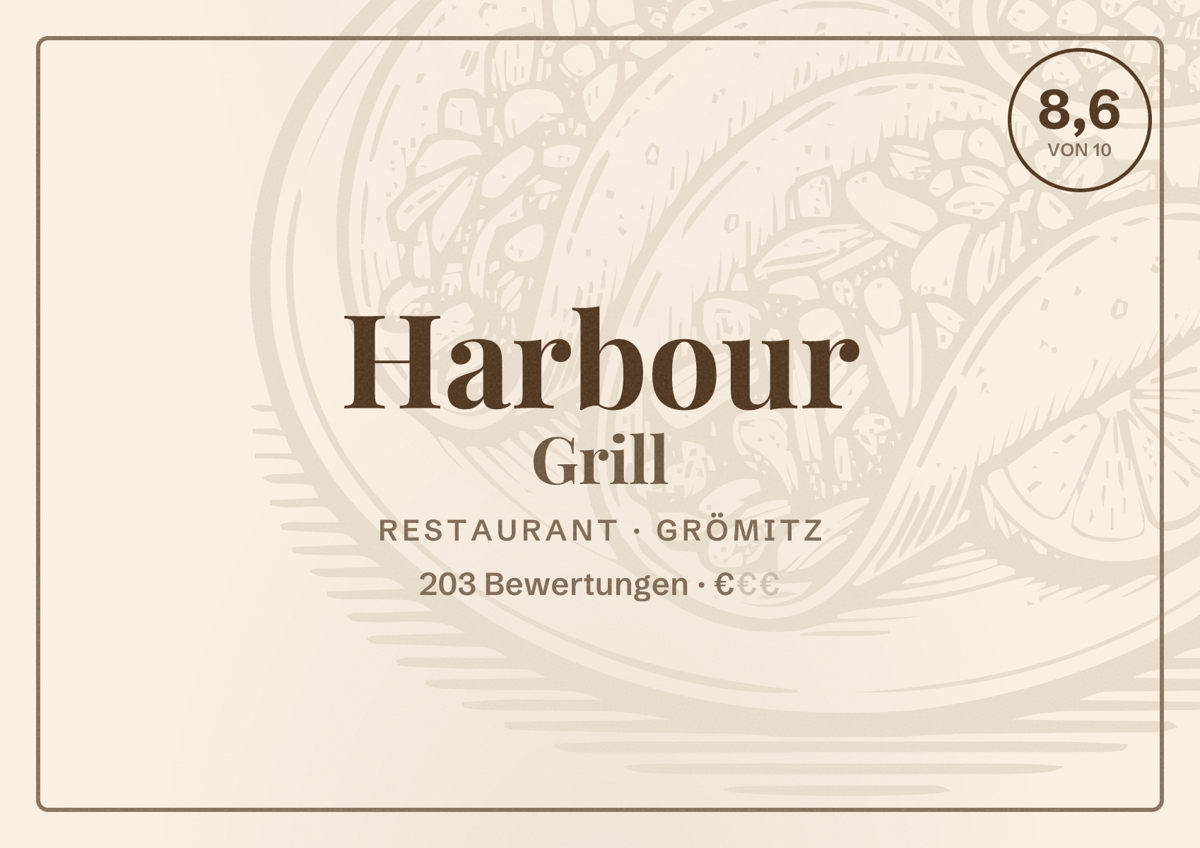 Illustriertes Poster von Harbour Grill, Restaurant in Grömitz: Bewertung 8,6 von 10 aus 203 Bewertungen, Preisniveau €