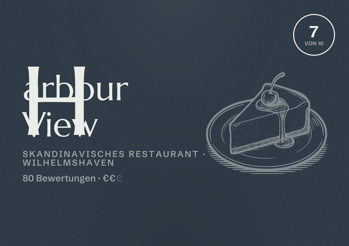 Illustriertes Poster von Harbour View, Skandinavisches Restaurant in Wilhelmshaven: Bewertung 7 von 10 aus 80 Bewertungen, Preisniveau €€