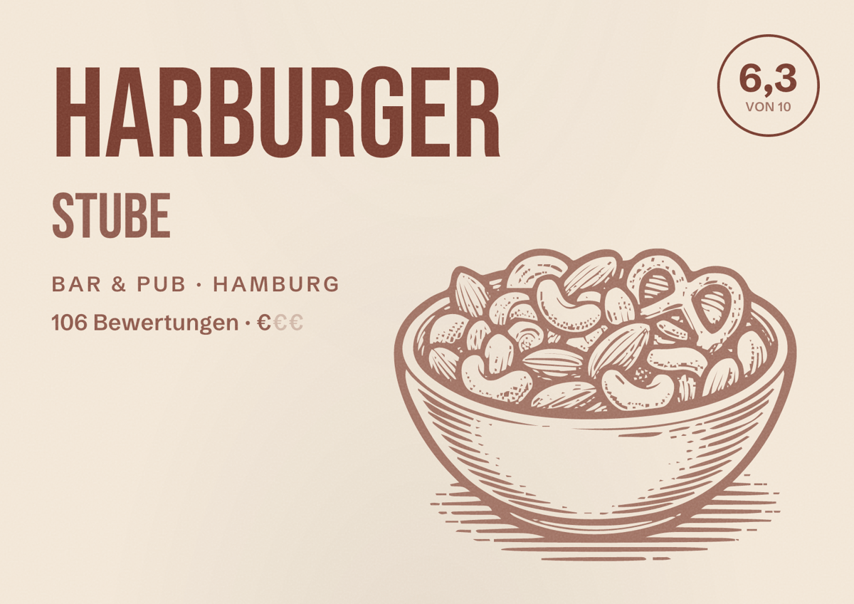 Illustriertes Poster von Harburger Stube, Bar & Pub in Hamburg: Bewertung 6,3 von 10 aus 106 Bewertungen, Preisniveau €