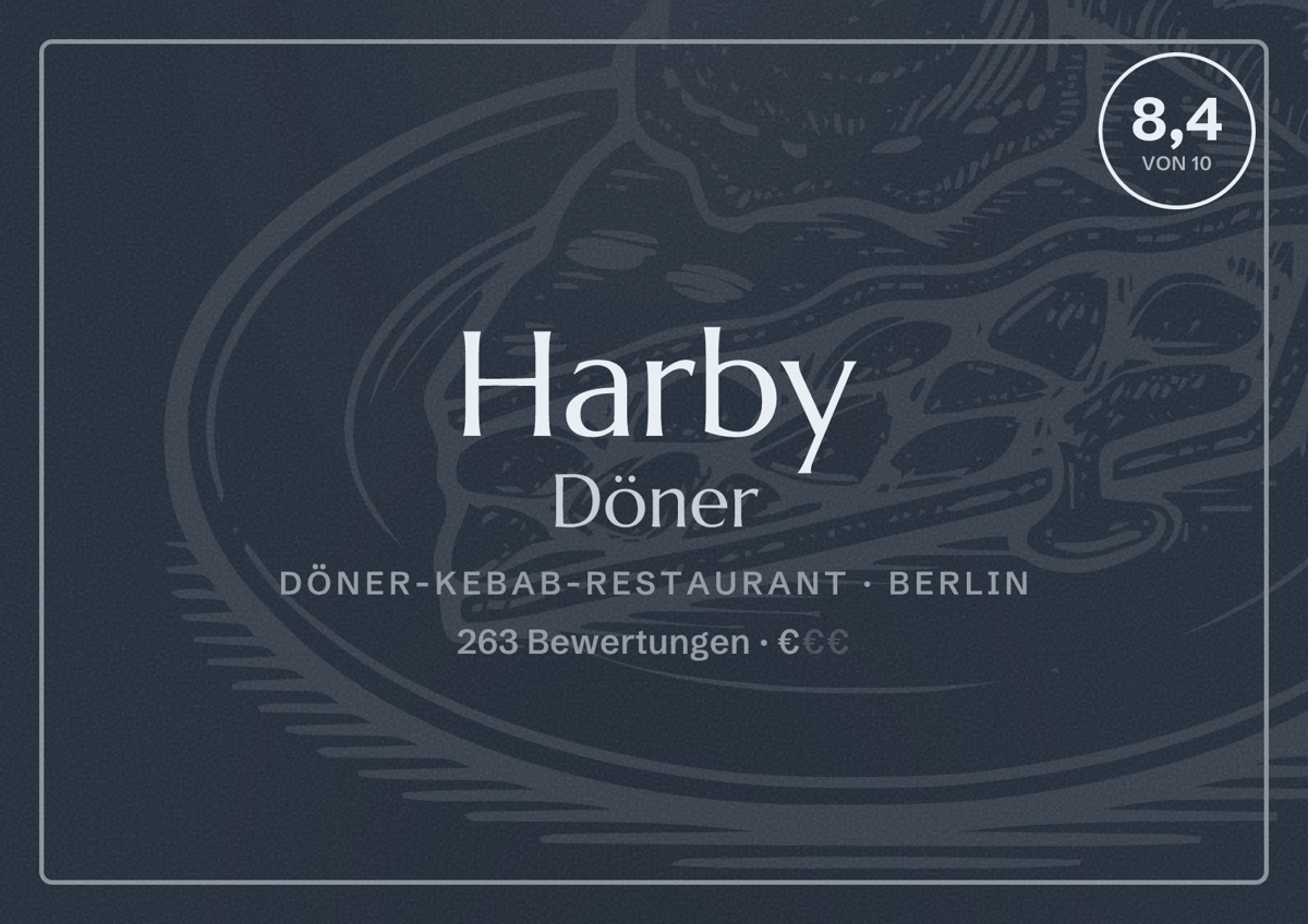 Illustriertes Poster von Harby Döner, Döner-Kebab-Restaurant in Berlin: Bewertung 8,4 von 10 aus 263 Bewertungen, Preisniveau €