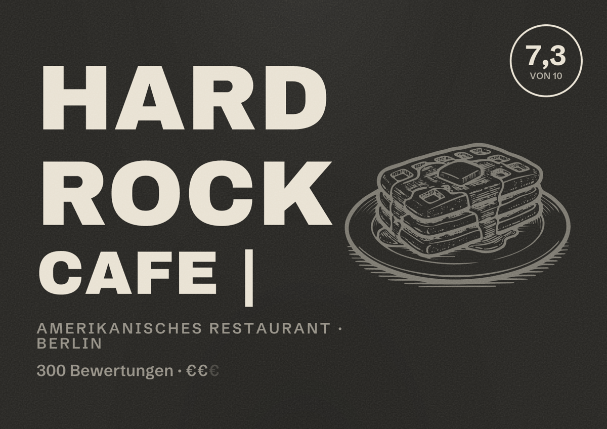 Illustriertes Poster von Hard Rock Cafe |, Amerikanisches Restaurant in Berlin: Bewertung 7,3 von 10 aus 300 Bewertungen, Preisniveau €€